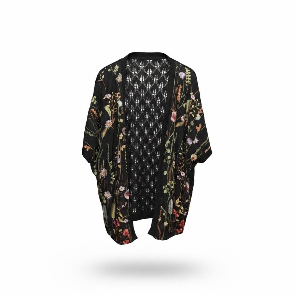 Mesh + Lace Black Floral Embroidered Pointelle Knit Kimono Cardigan Large S3281M